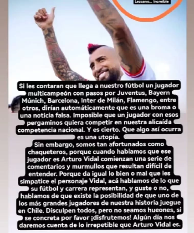 Publicación De Arturo Vidal En RR.SS