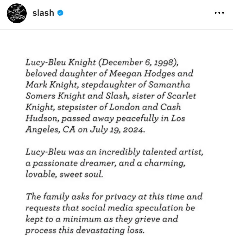 "Una soñadora apasionada y un alma encantadora". Slash lamenta la muerte de su hijastra Lucy-Bleu Knight