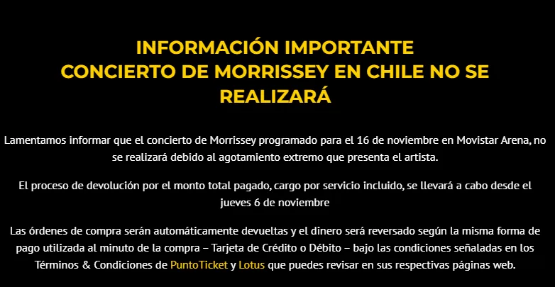 Morrissey, comunicado Puntoticket